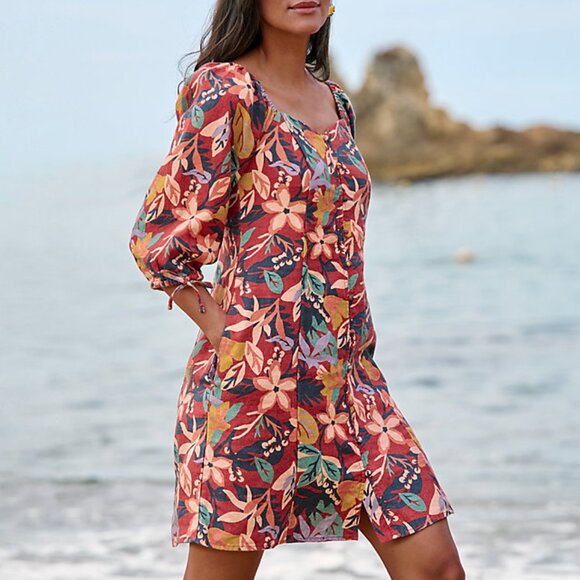 New ~ Floral Linen Tie-Sleeve Dress in Rio Multi by Garnet Hill size XS - Picture 1 of 14